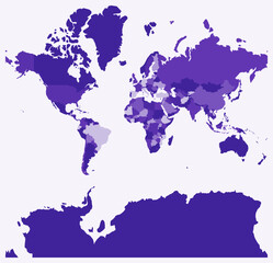 Obraz premium Map of the World. A simple border map with country divisions in a deep purple color palette. A plain map with administrative divisions.