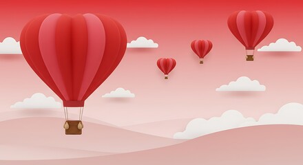 Obraz premium Romantic Hot Air Balloons in Red & Pink Over Dreamy Pastel Landscape