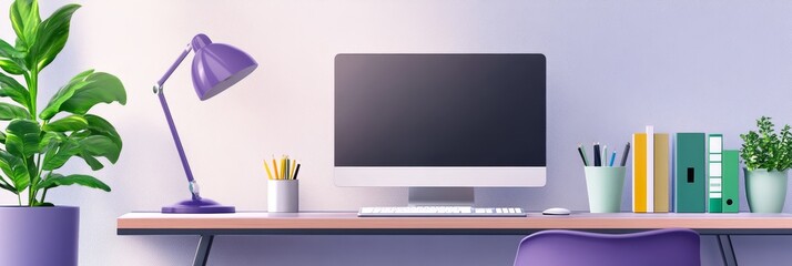 Modern Home Office Workspace Setup - Clean and organized home office workspace with computer, desk lamp, plant, and office supplies.  Perfect for productivity and remote work.