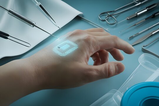 Close-up of a human hand with a glowing microchip implant under the skin, surrounded by high-tech medical tools.