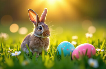 Fototapeta premium Cute bunny with colorful easter eggs in a sunny meadow