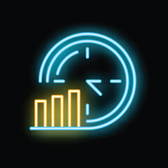 Neon sign representing time management with clock and growing bars on black background