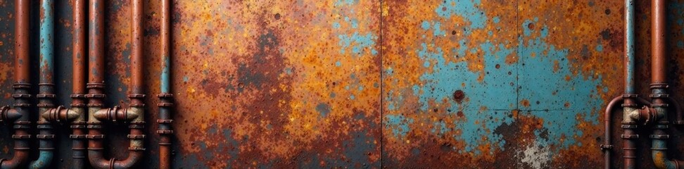 Rusty metallic wall with distressed grunge texture and industrial pipes, rusty metal, industrial pipes, urban