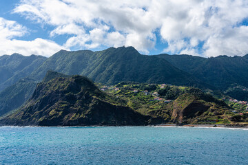 Scenic seascape at Porto da Cruz, small and beautiful village on Madeira Island, Portugal