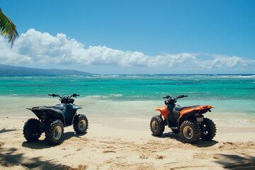 Obraz premium Two ATVs parked on a sandy beach overlooking turquoise ocean waters with copy space, vacation excursion concept 