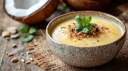 Exquisite Thai Steamed Coconut Custard Served in a Delicate Ceramic Bowl on Rustic Wooden Table