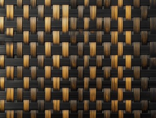 Close-up view of woven textured material showcasing intricate pattern with black and brown crossing strips, emphasizing geometric design and visual contrast