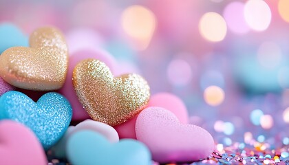 Fototapeta premium Colorful heart-shaped candies in pastel shades, sprinkled with glitter, create a whimsical and festive atmosphere, perfect for celebrations.