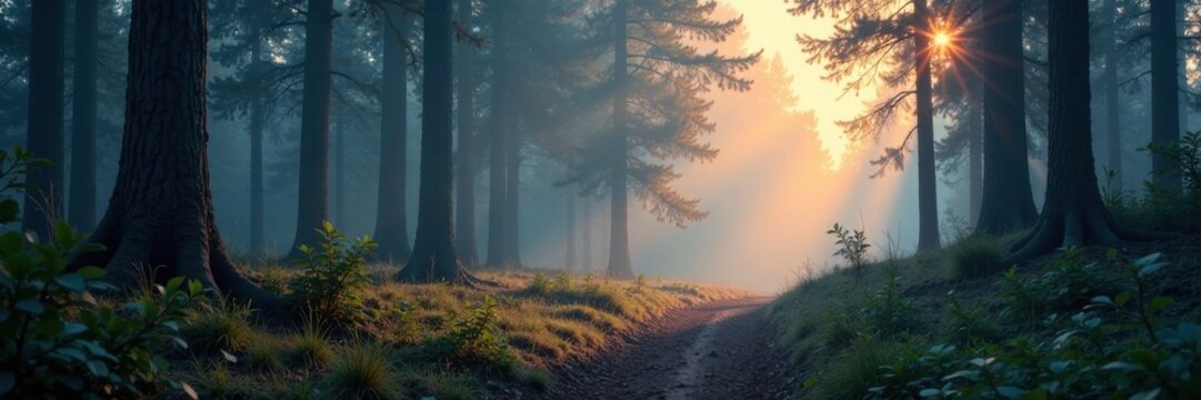 glowing misty forest terrain , natural, ethereal, mystical
