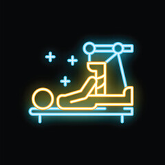 Neon glowing icon of a patient undergoing physiotherapy treatment with modern equipment