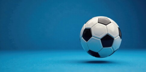 Fototapeta premium Soccer ball bouncing on blue colored table top surface , top, bouncing