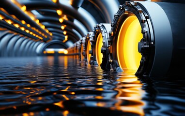 Fototapeta premium A futuristic underground tunnel with glowing circular structures, reflecting in the water below, creating a visually striking, tech-inspired environment.