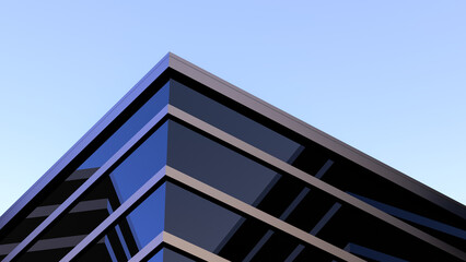 Obraz premium House with panoramic glass windows, minimal design modern building. Urban building with reflection in windows on sky background,wallpaper.3D render