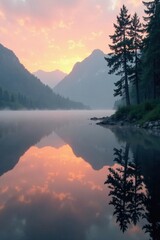 Fototapeta premium Soft focus on a misty lake at dawn, clouds, morning, water