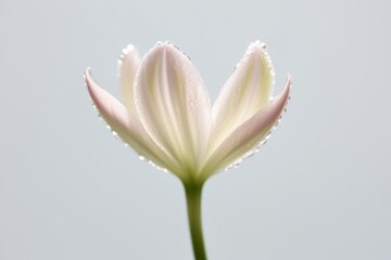Fototapeta premium Delicate white pink flower in bloom, with drops of water adding a fresh touch, captured on a neutral white background