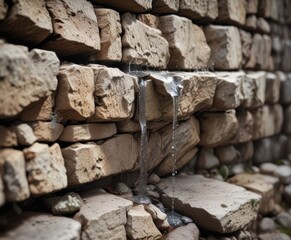 Fototapeta premium Soft water droplets seeping through a crack in the stone wall, water leaks, watertightness