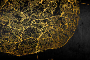 Vintage map of Lisbon street golden map on abstract background.
