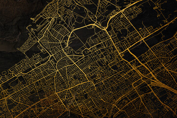 Den Haag, Netherlands on a map, selective focus golden city street Map on abstract background.
