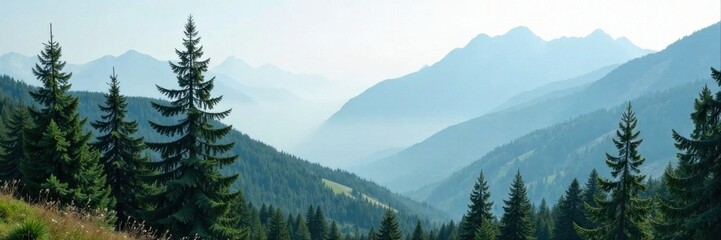 Fototapeta premium Tall evergreen conifers stand sentinel amidst misty mountain landscape, trees, conifers