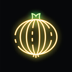 Bright yellow neon sign of a round onion glowing on a black background