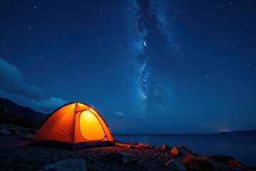 Tent under the starry sky with constellations and a crescent moon, tent, night