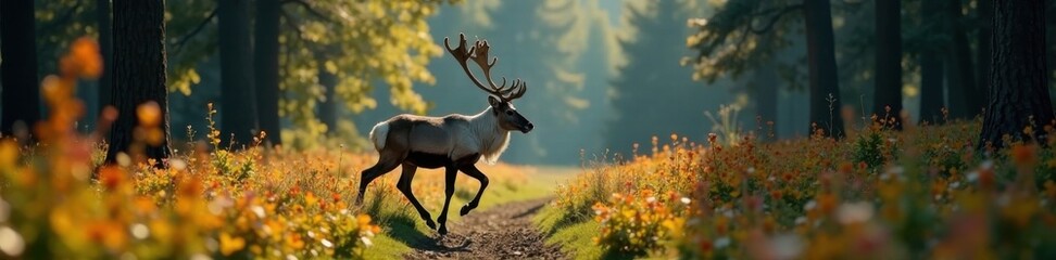 Caribou running through forest, antlers, brown and white fur