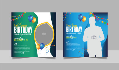 Social media birthday wishes post template, party invitation or greeting card, happy anniversary celebration square flyer web banner story design set
