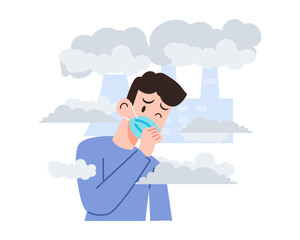a man wearing a mask coughs because of factory smoke