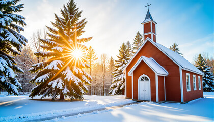 Charming church surrounded by snow-covered pine trees, Wind Chill Factor theme
