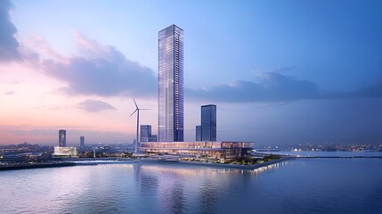 Obraz premium Modern skyscraper waterfront sunrise city development
