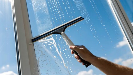 Close-Up of Squeegee Cleaning a Window to Reveal a Clear Blue Sky