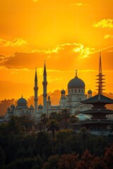 Obraz premium Golden Sunset Silhouette: Diverse Religious Architecture