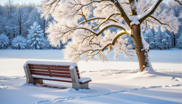 Snow-covered bench beside frosty tree in winter landscape, Wind Chill Factor theme