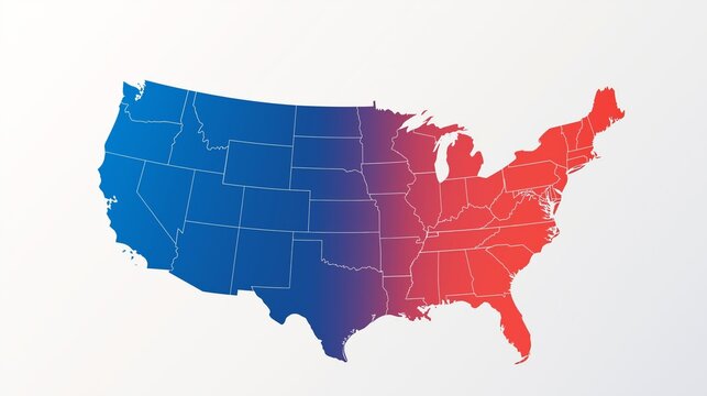 A USA map silhouette featuring a gradient transition from blue to red, highlighting state boundaries