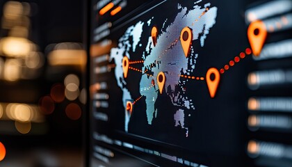 A digital world map with highlighted locations and connecting lines, showcasing data visualization and geographic information.