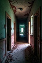 Fototapeta premium Creepy abandoned asylum walls, hospital, eerie