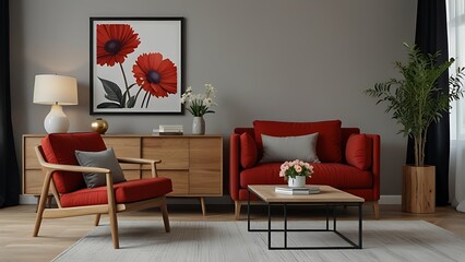 Interior design of modern and cozy living room interior with mock up poster frame, red armchair, wooden coffee table, pillows, vase with flowers and personal accessories. Home decor. Template.