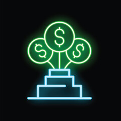 Neon sign of a money tree growing on a podium, representing financial success and wealth