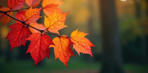 Obraz premium Autumn branch with red, orange, and yellow leaves in a row, autumn, vibrant, leaves