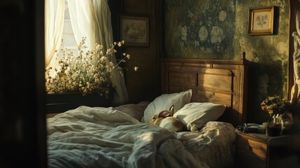 Naklejka na ściany i meble A cozy bedroom with a rabbit lying on the bed and light entering through the window