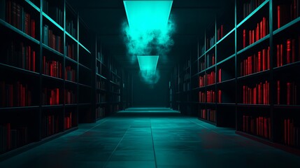 Mysterious library corridor, glowing teal, red books, dark atmosphere, fantasy setting, bookish background