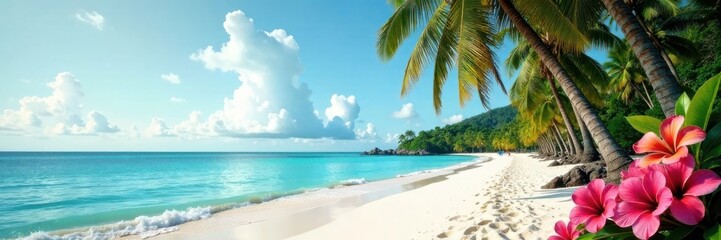 Fototapeta premium Beach scene with palm trees and tropical flowers, vibrant, palm, beach
