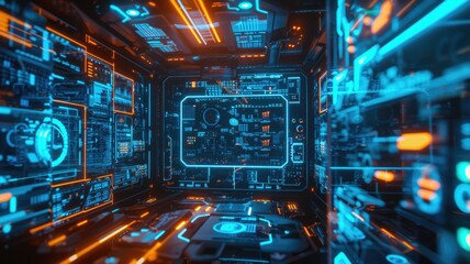 Futuristic glowing data center interior with holographic displays. Digital art for design of engineering prompt and financial hologram with glowing blue and orange color display in laboratory. AIG53.