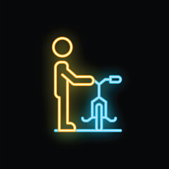 Glowing neon sign of a man holding a bicycle, perfect for any project needing a modern and vibrant touch