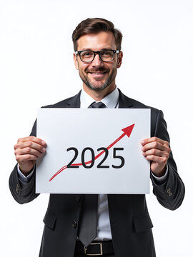Businessman Sets 2025 Goals, Holding A Text With An Arrow Targeting Its Successful Implementation And Achievement. 00001