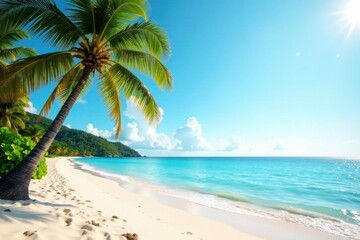Beach scene with palm trees, outdoor, water, shore