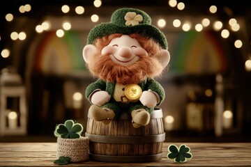 Cheerful Leprechaun Figurine Sitting on a Barrel Surrounded by Shamrocks and Festive Lights for St. Patrick's Day Celebrations.