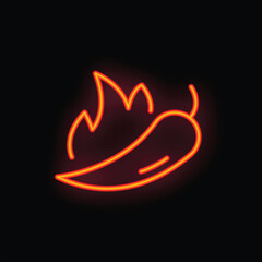 Neon sign illuminating a red hot chili pepper with flames on a black background