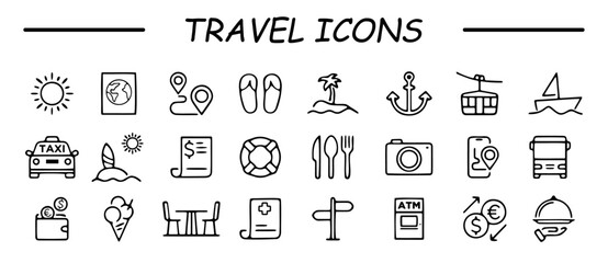 Fototapeta premium Travel and Tourism set of web icons in line style. Travel and vacation icons for web and mobile app. Airport, tickets, tour, relax, hotel, recreational rest, service. Vector illustration