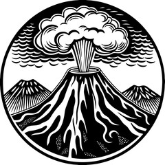 Erupting volcano in black and white illustration